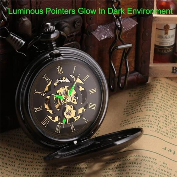 Mechanical Pocket Watch for Men Antique PocketWatch with Chain SteampunkSkeleton - Picture 3 of 7